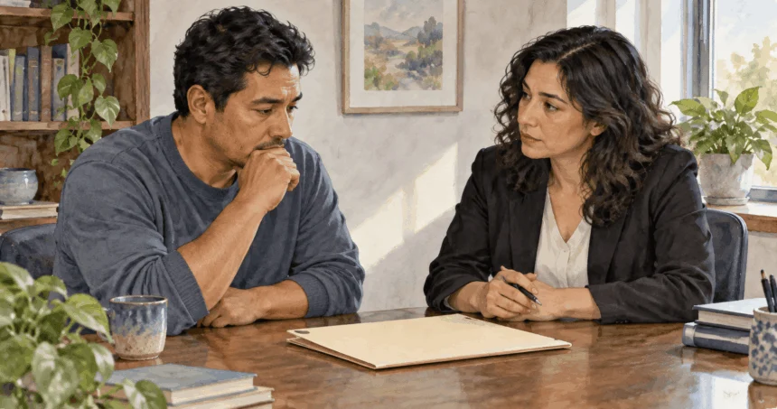 Conceptual watercolor of a client and legal-aid lawyer discussing a closed case folder.