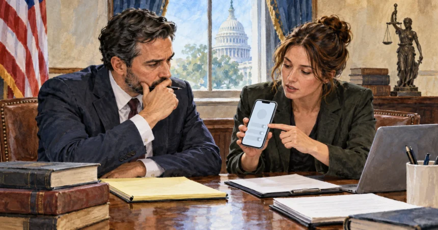 Legal adviser and designer review a generic phone interface.