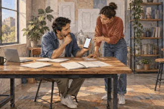 Conceptual watercolor of two designers examining a blank phone prototype.