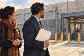 Attorney and community advocate wait outside a detention facility with a court-order folder.