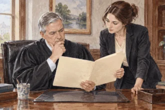 Conceptual painting of a judge and clerk reviewing options for enforcing an order.