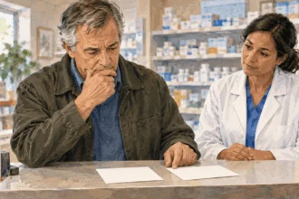 Painted illustration of a patient comparing blank payment slips at a pharmacy counter.