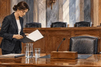 Conceptual watercolor painting of committee counsel prepares questions at empty witness table.