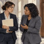 Conceptual painting of career prosecutors speaking outside a courtroom.
