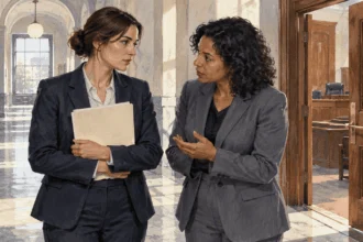 Conceptual painting of career prosecutors speaking outside a courtroom.