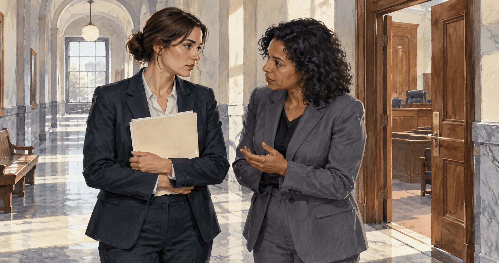 Conceptual painting of career prosecutors speaking outside a courtroom.
