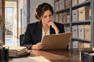 Conceptual painting of a prosecutor reviewing a closed case folder in a plain office.