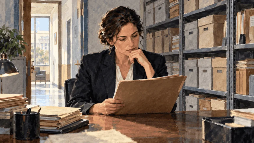 Conceptual painting of a prosecutor reviewing a closed case folder in a plain office.