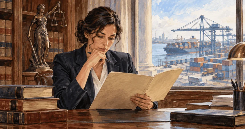 Trade attorney reviews a court folder with a shipping port beyond the window.