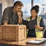 Painted illustration of an importer and customs broker reviewing a tariff folder at a port.
