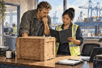 Painted illustration of an importer and customs broker reviewing a tariff folder at a port.