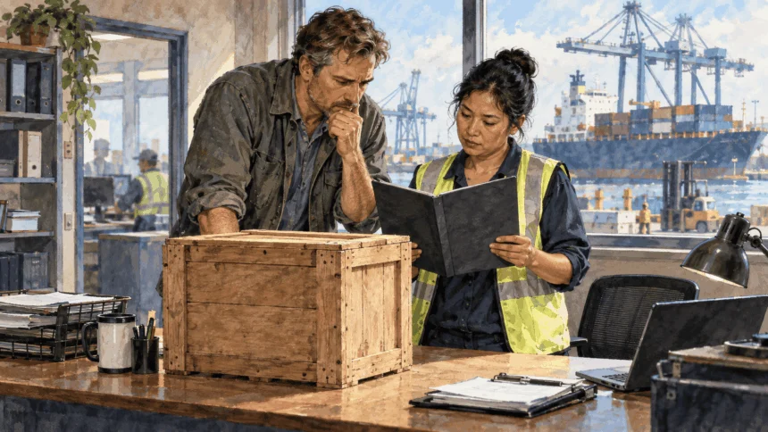 Painted illustration of an importer and customs broker reviewing a tariff folder at a port.