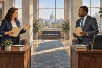 Conceptual painting of state and federal officials discussing separate responsibilities.