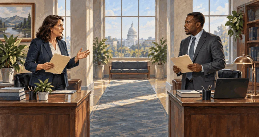Conceptual painting of state and federal officials discussing separate responsibilities.