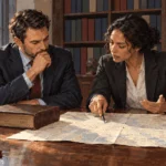 Painted illustration of legal analysts reviewing statutes and a city map.