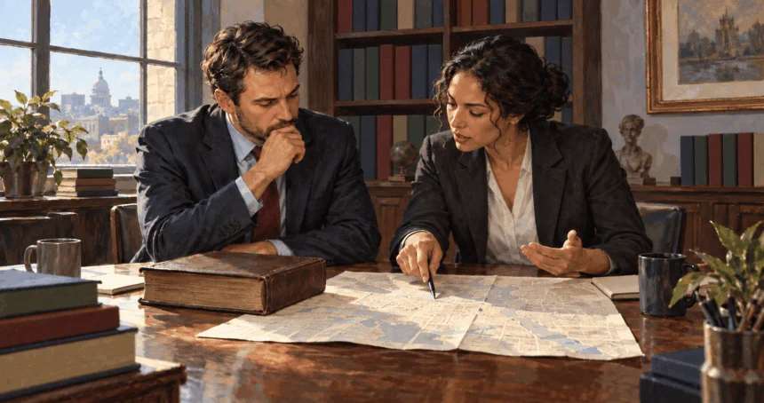 Painted illustration of legal analysts reviewing statutes and a city map.
