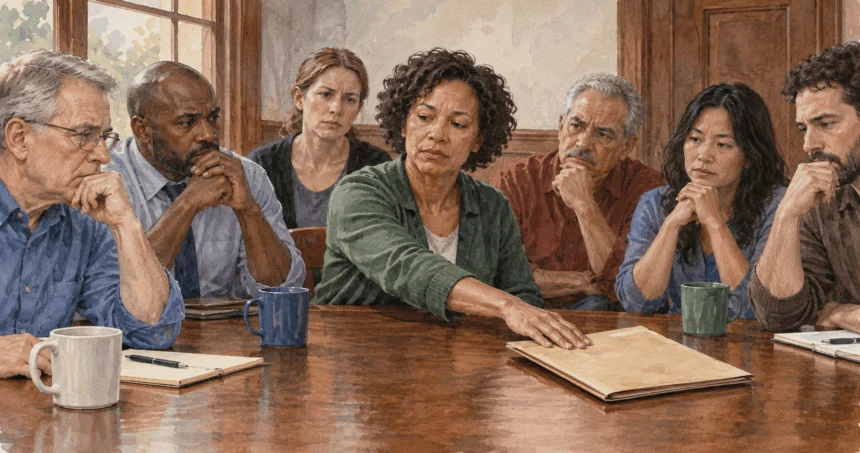 Grand jurors considering a proposed indictment folder.