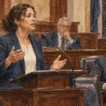 Fictional lawmaker speaks in a legislative chamber while a colleague takes notes.
