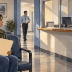 Conceptual painting of a person waiting at an immigration-service counter.