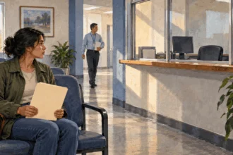 Conceptual painting of a person waiting at an immigration-service counter.