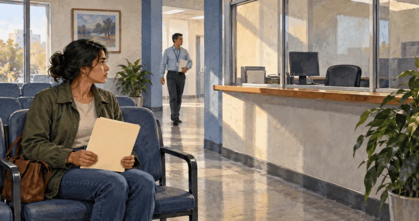 Conceptual painting of a person waiting at an immigration-service counter.