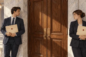 Conceptual watercolor of court clerks waiting with sealed folders outside chambers.