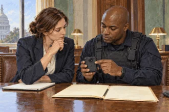 Congressional staff member and federal officer review a body camera and funding folder.