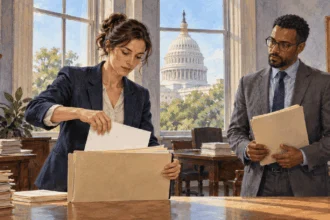 Conceptual painting of a congressional aide adding a rule sheet to a spending folder.