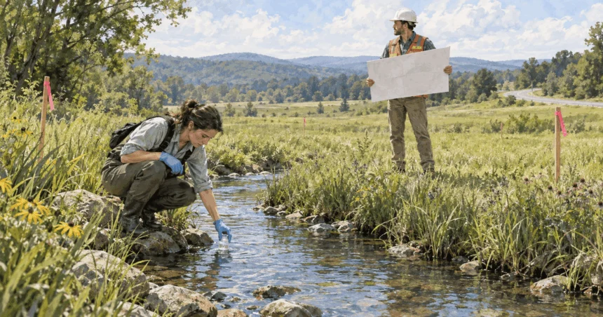Conceptual painting of a scientist collecting a creek-water sample at an unbuilt proposed site.