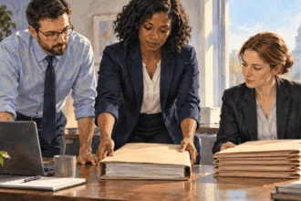Conceptual watercolor of agency lawyers preparing to review a court opinion.