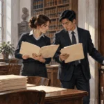 Conceptual painting of court clerks preparing opinion folders.