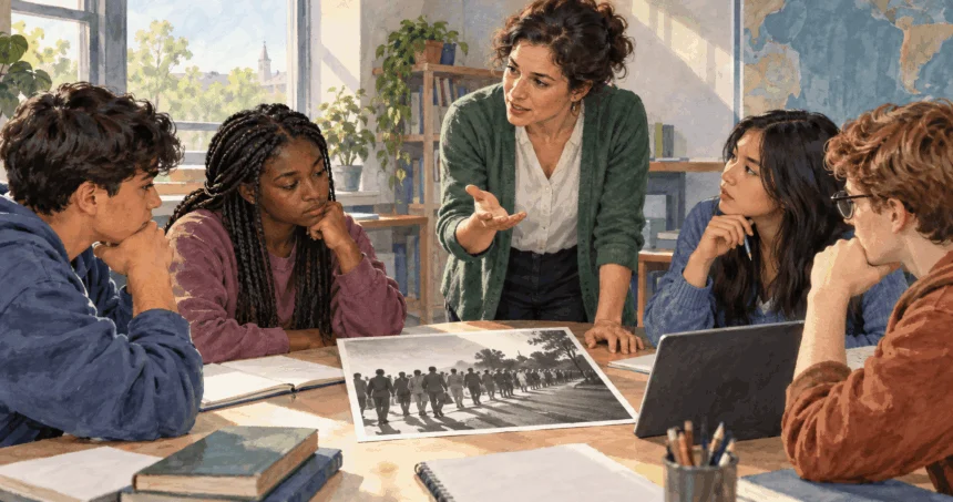 Conceptual watercolor painting of students study a generic civil-rights archive image.