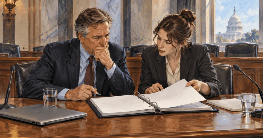 Conceptual painting of lawmakers reviewing a surveillance law.