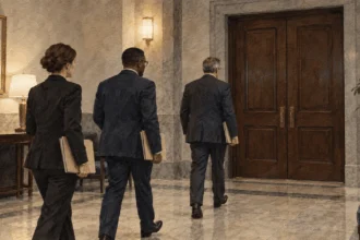Conceptual watercolor painting of legal staff carrying blank folders toward a closed hearing room.