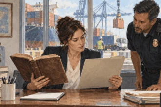 Trade researcher compares a statute volume with customs folder by a port.