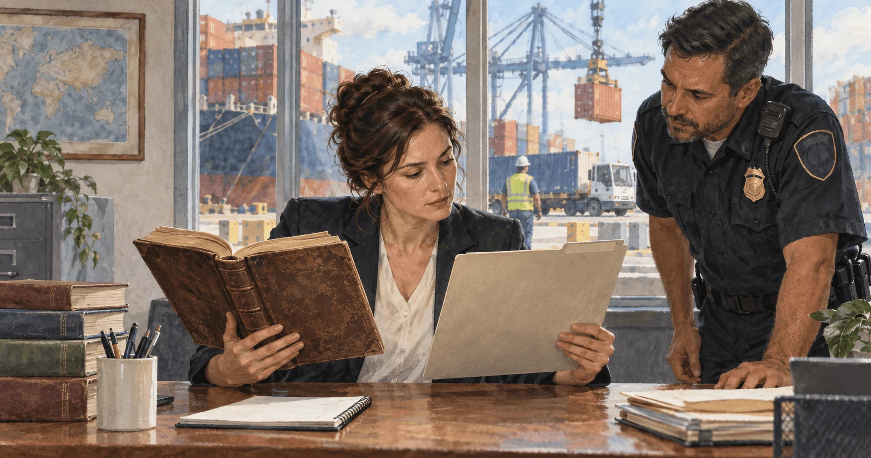 Trade researcher compares a statute volume with customs folder by a port.