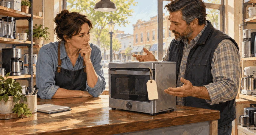 Painted scene of a retailer and supplier considering the price of an appliance.