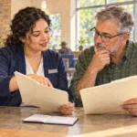 Credit union member and teller compare account folders at a service desk.