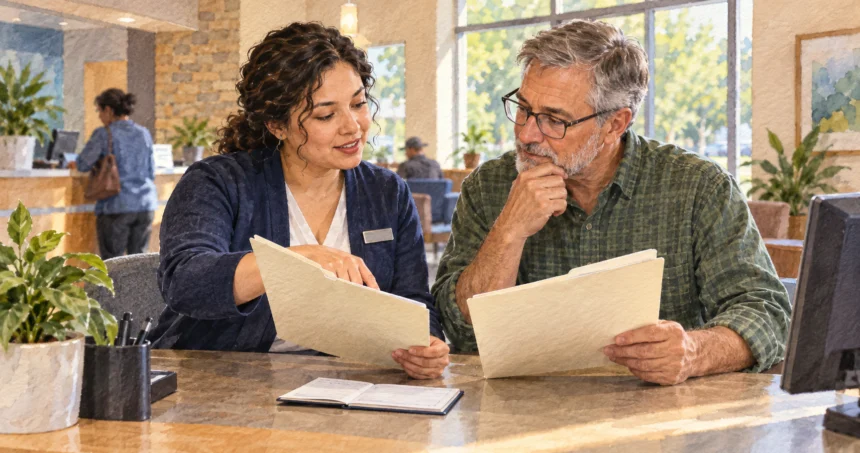 Credit union member and teller compare account folders at a service desk.