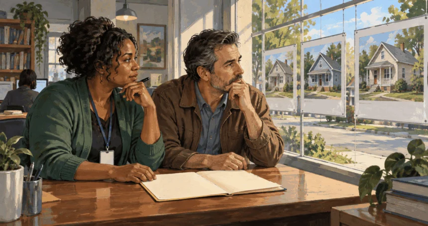 Painted scene of housing participants discussing a row of single-family homes.