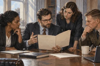 Painted scene of congressional staff discussing military authorization with a liaison.
