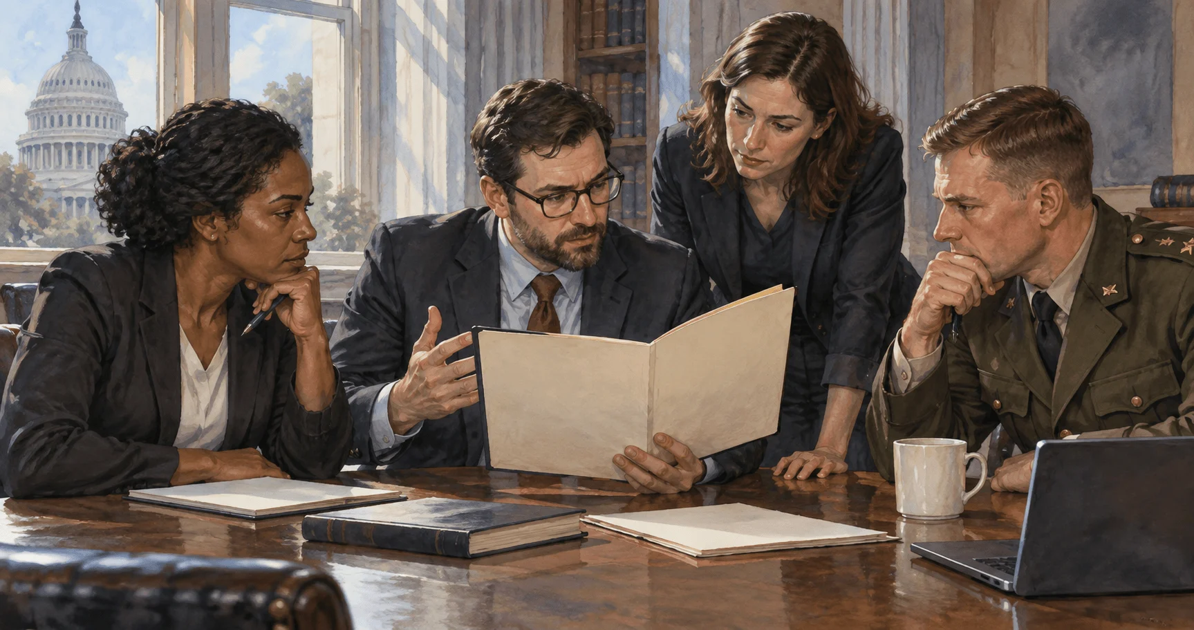 Painted scene of congressional staff discussing military authorization with a liaison.