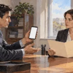Painted scene of a worker comparing a phone message with a blank report folder.