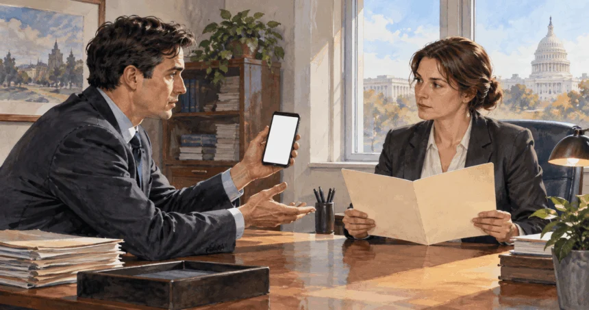 Painted scene of a worker comparing a phone message with a blank report folder.