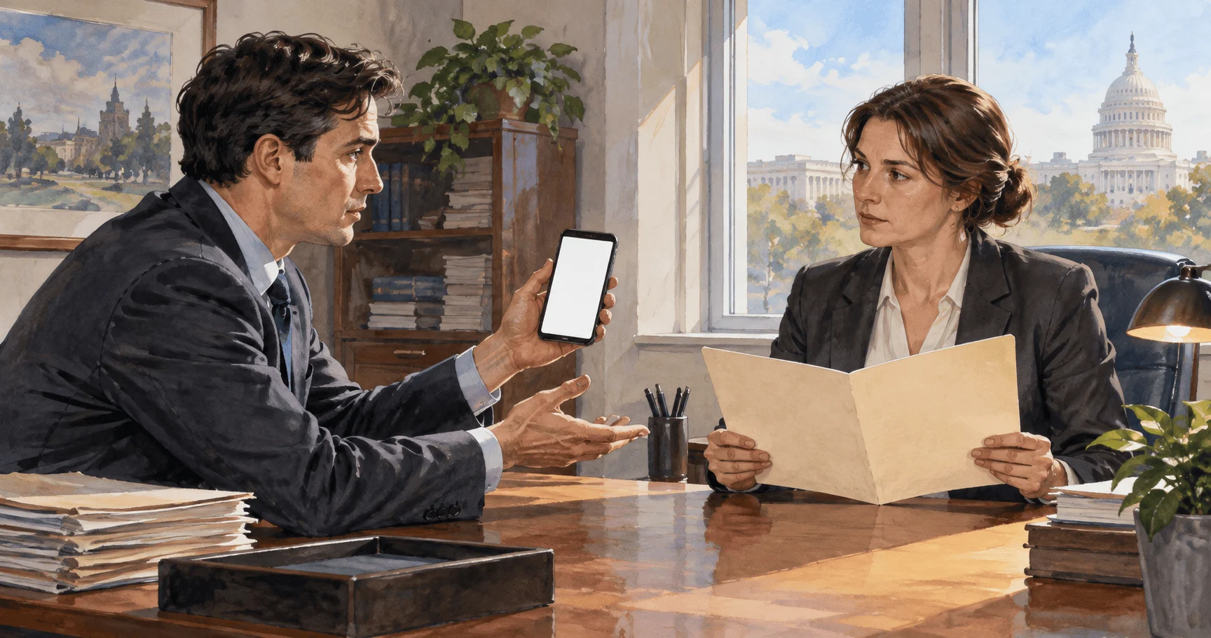 Painted scene of a worker comparing a phone message with a blank report folder.