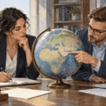 Painted scene of analysts comparing Europe and the Persian Gulf on a globe.