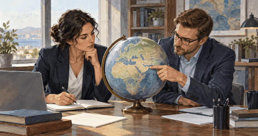 Painted scene of analysts comparing Europe and the Persian Gulf on a globe.