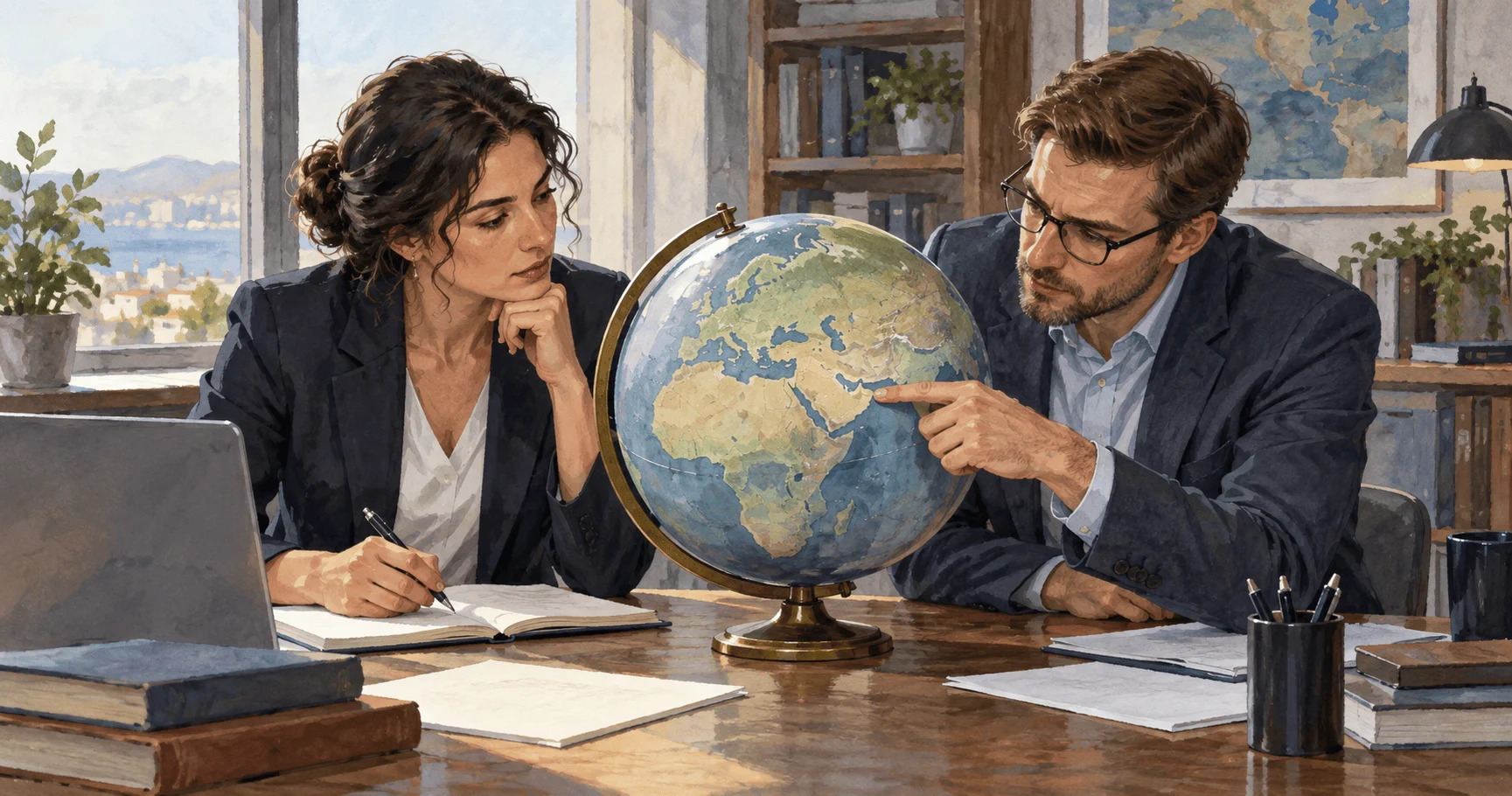 Painted scene of analysts comparing Europe and the Persian Gulf on a globe.