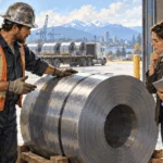 Painted scene of industrial workers weighing the costs of steel supply.