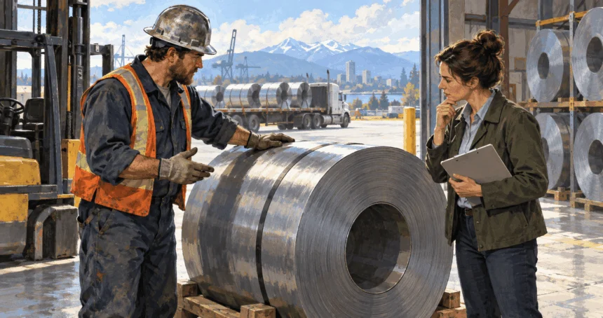 Painted scene of industrial workers weighing the costs of steel supply.